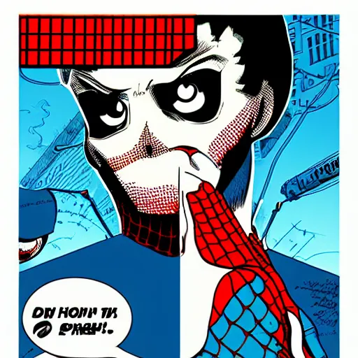 Prompt: individual intelligent manga spiderman silk screen butcher billy style