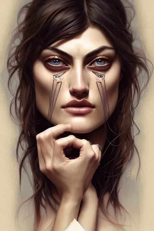 Image similar to symmetry!! portrait of phoebe tonkin, machine parts embedded into face, intricate, elegant, highly detailed, digital painting, artstation, concept art, smooth, sharp focus, illustration, art by artgerm and greg rutkowski and alphonse mucha, 8 k