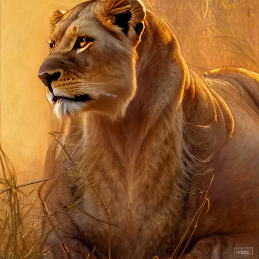 Image similar to highly detailed full portrait of a majestic lioness queen in the form of a beautiful woman. d & d, art by donato giancola and ruan jia and carl larsson and magali villeneuve. trending on artstation, intricate details, energetic composition, golden ratio, concept art, illustration, elegant art