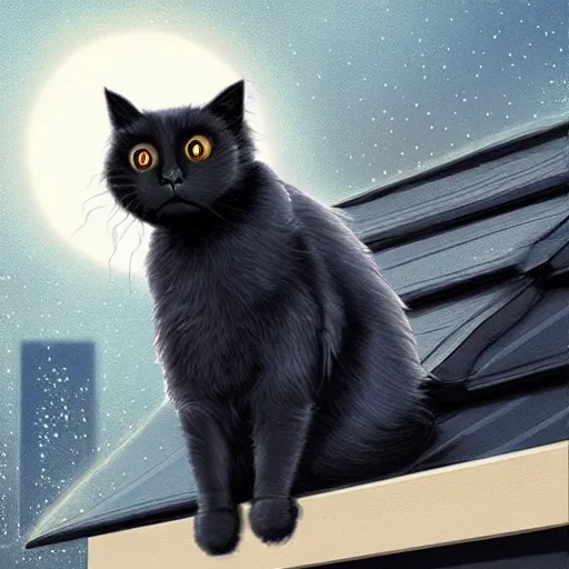 Prompt: fluffy black cat on a roof watching the full moon cyberpunk, futuresynth, digital art, high contrast, vibrant,Sharp focus, artstation, art by Artgerm