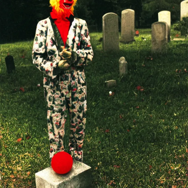 Image similar to creepy clown in a cemetary, photo by william eggelston