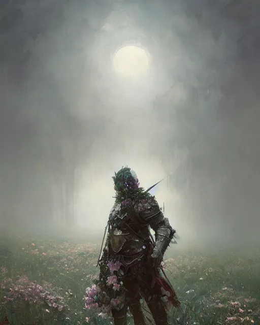 Image similar to Hyper realistic oil painting of a knight covered in flowers, fog, volumetric lighting, nighttime, moonlight, creepy, by greg rutkowski