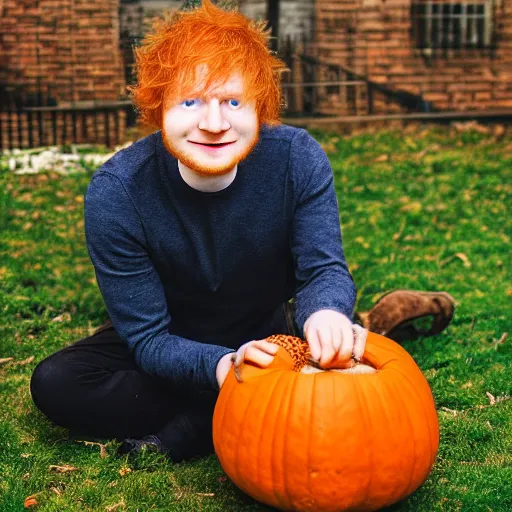 Image similar to photo of ed sheeran stuck inside a pumpkin, yelling for help