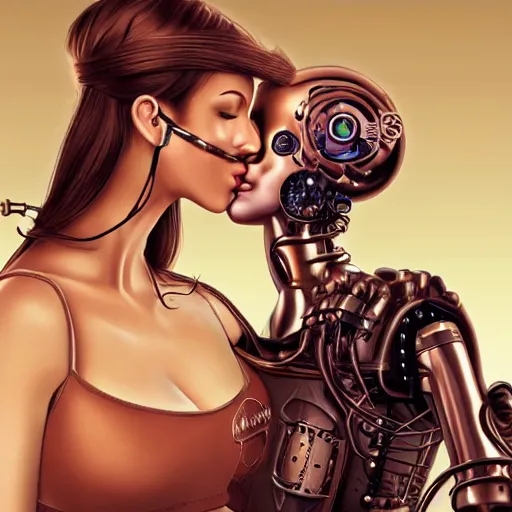 Image similar to Ultra realistic illustration,a women kissing a robot, steampunk, sci-fi, fantasy