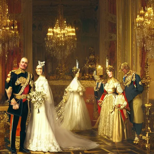 Image similar to Photograph of a royal wedding for queens, vertical symmetry, photograph, high detail, vintage shading, warm colors by Ilya Repin and artgerm