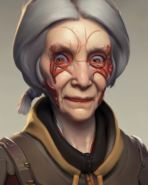 Image similar to overwatch concept art character portrait of a new character who is an elderly pale woman with a scarred face, trending on artstation, cgsociety,