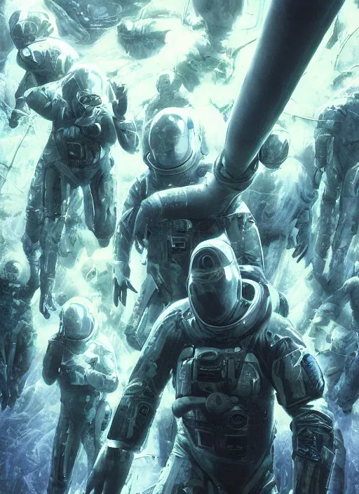 Prompt: astronauts in dark void underwater - complex and hyperdetailed technical suit design. reflection and dispersion materials. rays and dispersion of light. volumetric light. f / 3 2. noise film photo. flash photography. ultra realistic, 5 0 mm. poster by wayne barlowe, hajime sorayama aaron horkey, craig mullins