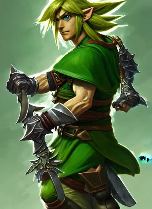 Prompt: portrait of aggressive link from the legend of zelda, d & d, muscular! green, fantasy, intricate, elegant, highly detailed, digital painting, artstation, concept art, smooth, sharp focus, illustration, art by artgerm and greg rutkowski and alphonse mucha