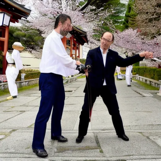 Image similar to matteo salvini and enrico letta katana duel in a shinto shrine while sakura petals are falling