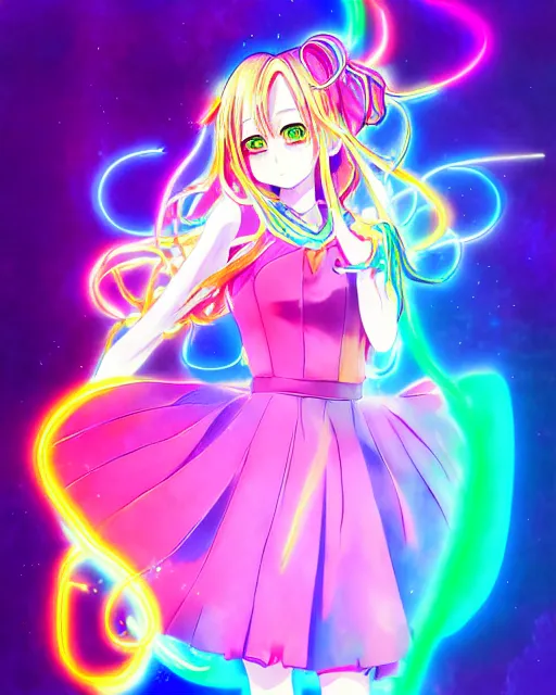 Image similar to anime style, vivid, expressive, full body, 4 k, painting, a cute magical girl idol with a long wavy colorful hair wearing a colorful dress, correct proportions, stunning, realistic light and shadow effects, neon lights, studio ghibly makoto shinkai yuji yamaguchi