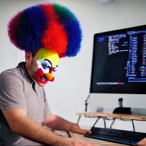 Image similar to a software developer sitting in front of a computer, dressed as a clown