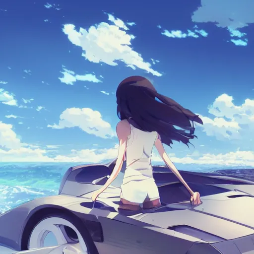 Image similar to car, robot, penguin, ocean, blue sky, illustration concept art anime key visual trending pixiv fanbox by wlop and greg rutkowski and makoto shinkai, studio ghibli 3 d render