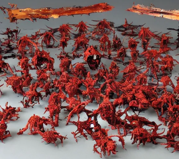 Image similar to the aftermath of a nightmare battle of horror creatures, crimson sun stains H 576