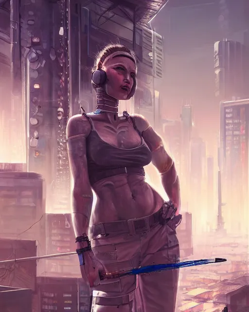 Prompt: realistic female artist painting on a canvas on the rooftop of a cyberpunk city, artstation trends, sci fi concept art, highly detailed, intricate, sharp focus, digital art, 8 k,