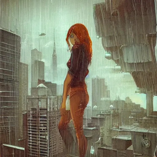 Prompt: “ a girl on a ledge overlooking futuristic new york city, ghostpunk, heavy rain, high detail, by moebius ”