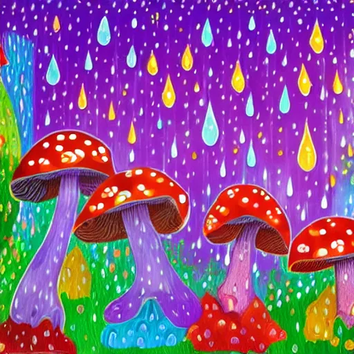 Image similar to a bright magic forest, with multicolored mushrooms and forest creatures dancing in the rain