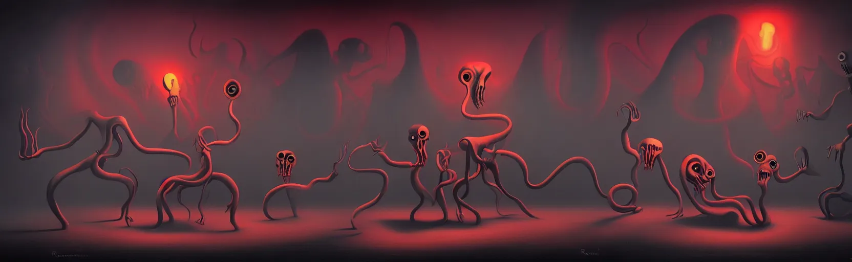 Prompt: uncanny monsters from the depths of the collective unconscious, dramatic lighting, surreal dark 1 9 3 0 s fleischer cartoon characters, surreal painting by ronny khalil