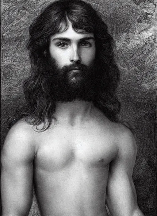 Image similar to Pre-Raphaelite young beautiful muscular brown-haired bearded muscular male