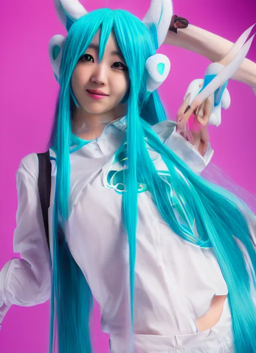 Prompt: Cute beautiful Asian cosplay girl with long blue hair and tempting eyes cosplaing Hatsune miku, full length shot, shining, 8k, HQ, sharp focus, IMAX quality, illustration