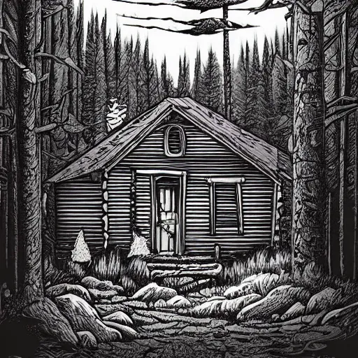 Image similar to a Ilustration of a Eerie cabin in the middle of the woods in the style of Dan Mumford