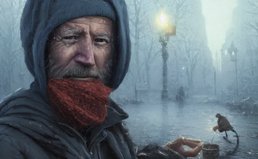 Image similar to highly detailed portrait of joe biden as a homeless, in vr, stephen bliss, unreal engine, fantasy art by greg rutkowski, loish, rhads, ferdinand knab, makoto shinkai and lois van baarle, ilya kuvshinov, rossdraws, tom bagshaw, global illumination, radiant light, detailed and intricate environment