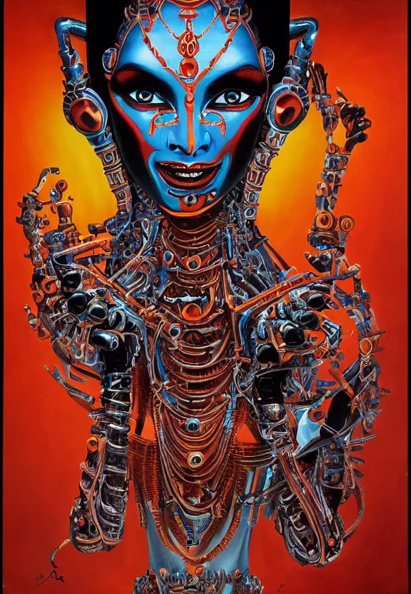 Prompt: a perfectly centered symmetrical portrait of a biomechanical alien robot goddess kali, female, intense stare, sarcastic smile, symmetrical, concept art, intricate detail, volumetric shadows and lighting, realistic oil painting, 1 9 7 0 psychedelic soviet poster,