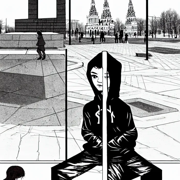 Image similar to storyboard : sadie sink in hoodie sits on bench in ruined square, pedestrians walk by, soviet monument and propaganda posters. scifi cyberpunk. by gabriel hardman. cinematic atmosphere, detailed and intricate, perfect anatomy