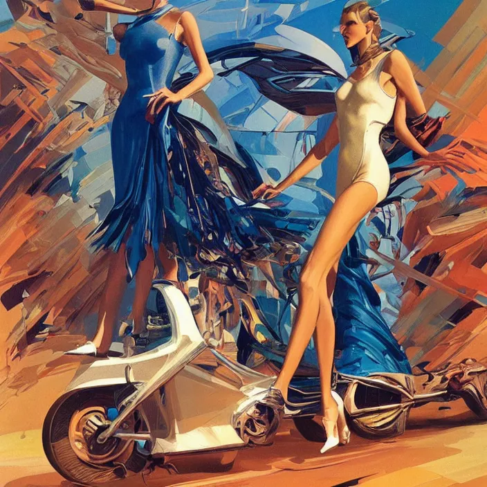 Image similar to slavic youth, full body, high fashion, futurism, aerodynamic, flowing, intricate, slick, highly detailed, digital painting, vogue, concept art, smooth, sharp focus, hd, art by syd mead and bruce pennington and annie leibovitz