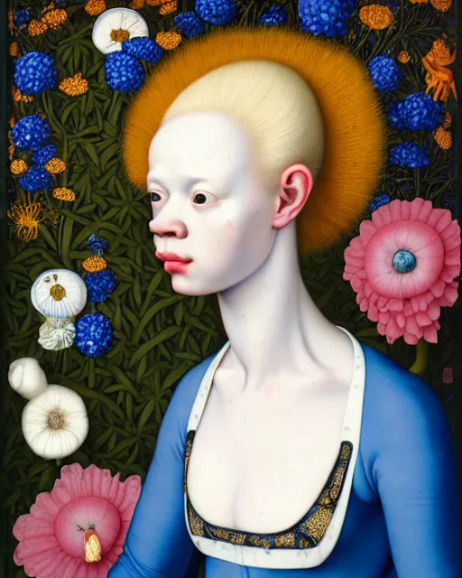 Image similar to portrait of a woman with albinism, wearing a plastic blue dress, standing in a room full of plants and flowers, white background, intricate details, high detail, in the style of rogier van der weyden and jacopo da pontormo, by mark ryden, punk, asian art,
