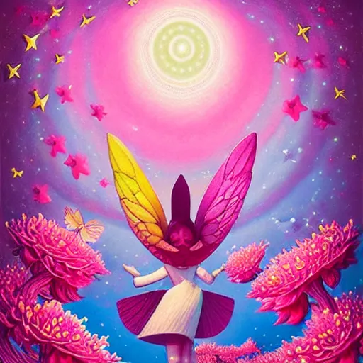 Image similar to abstract miraculous creature, giant wings, pink, flower blossoms, stars, night sky, hyper detailed, kawaii, by jacek yerka, lewandowski, hopper and gilleard, ryden, wolfgang lettl, hints of yayoi kasuma