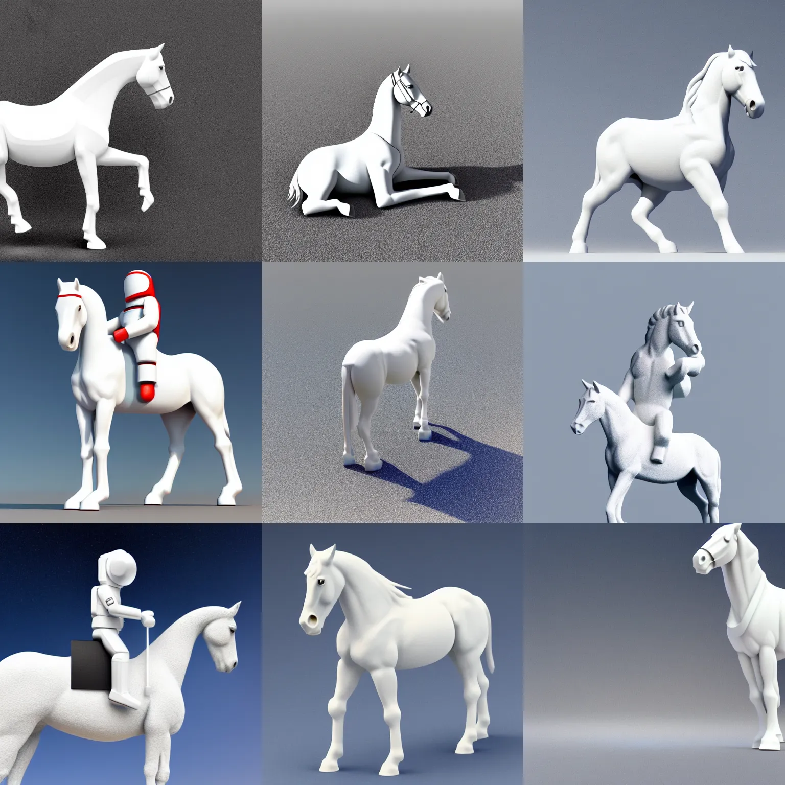 Prompt: a simple white horse is standing with his four legs in one place standing on a little minimalistic white astronaut. horseshoe touches the astronaut, 3 d render.