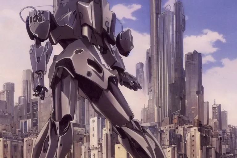 Image similar to late 2 0 1 0 s cg anime screenshot of a sleek, slender, human - scale mecha suit defending the city streets, designed by hideaki anno, drawn by tsutomu nihei, and painted by zdzislaw beksinski