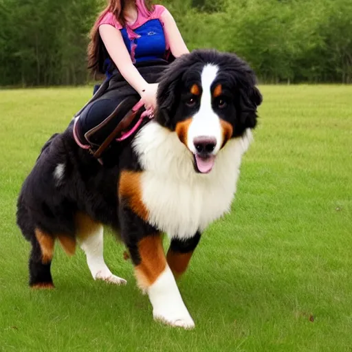 Image similar to girl riding giant Bernese Mountain Dog in the park, trending on artstation