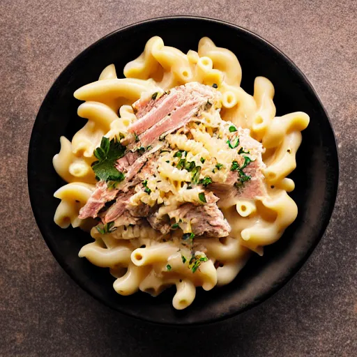 Prompt: tuna mac and cheese food photography black background soft focus in the style of Alan De Herrera