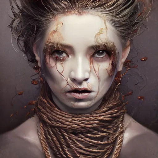 Image similar to portrait of a Shibari rope wrapped face and neck, headshot, insanely nice professional hair style, dramatic hair color, digital painting, of a old 13th century, traveler, amber jewels, baroque, ornate clothing, scifi, realistic, hyperdetailed, chiaroscuro, concept art, art by Franz Hals and Jon Foster and Ayami Kojima and Amano and Karol Bak,