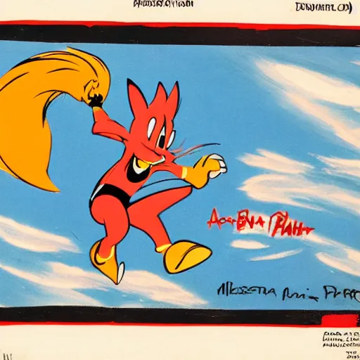 Image similar to a hanna barbera cartoon drawing of miles tails prower flying in the air