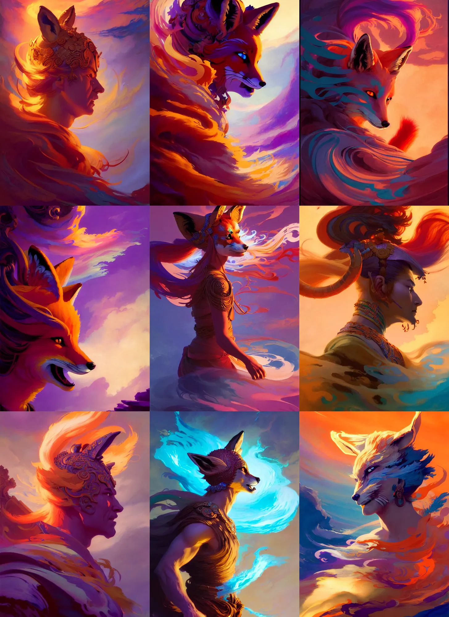 Prompt: side profile, the fox headed warrior god, gloomhaven, luminescent, colorful swirly magic ripples, dreamy colors, by greg manchess, huang guangjian, gil elvgren, sachin teng, greg rutkowski, jesper ejsing, ilya kuvshinov