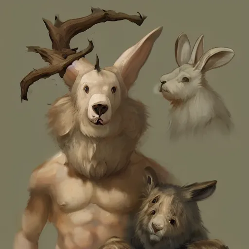 Prompt: a bear and a bunny chimera with the size and strength of a bear, The white color and long bunny ears of a bunny and golden brown antlers. Peter Mohrbacher. George Stubbs. Concept art. Fantasy. Trending on artstation. Masterpiece