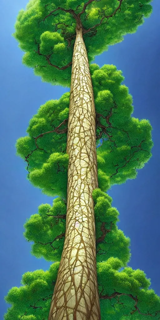 Prompt: a tree with an extremely long trunk and ( single massive spherical canopy ), viewed from below, perspective, fantasy digital painting by artgerm and leyendecker, surreal, photorealistic