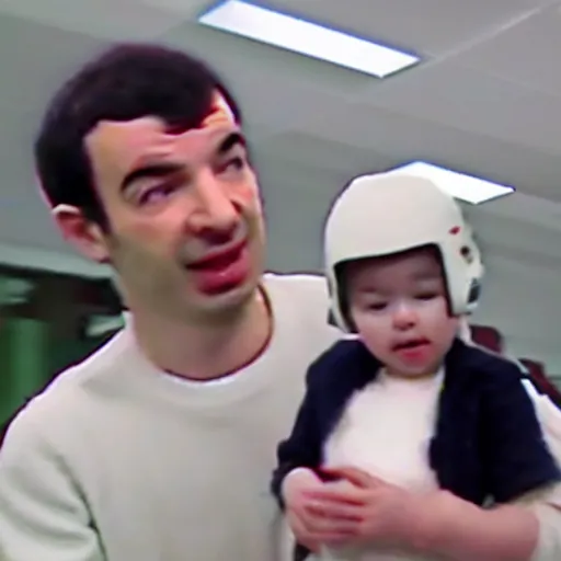 Prompt: cctv of Nathan fielder holding a baby