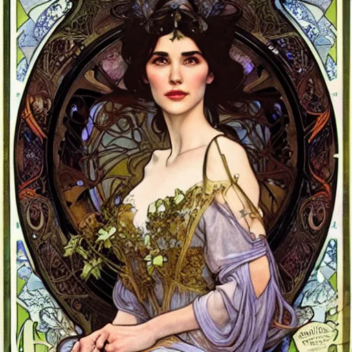 Prompt: realistic detailed face portrait of Jennifer Connelly as beautiful fairy tale princess Snow White by Alphonse Mucha, Ayami Kojima, Amano, Charlie Bowater, Karol Bak, Greg Hildebrandt, Jean Delville, and Mark Brooks, Art Nouveau, Neo-Gothic, gothic, rich deep moody colors