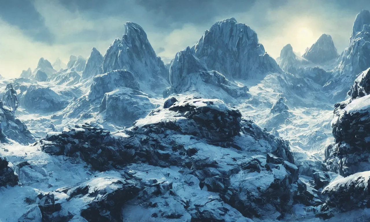 Prompt: frozen planet with mountains in clouds on the background, ravine in front, science-fiction, cinematic lighting, cinematic angle, Syd Mead, John Harris, Federico Pelat, daylight, blue sky