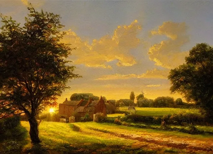 Image similar to beautiful oil landscape painting of an old quaint English village in the countryside, fields, sunset, ambient light, high detail