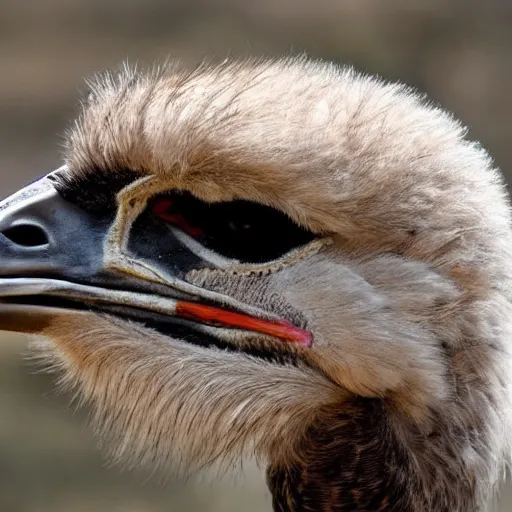 Prompt: ostrich with the head of a hawk, real photo, highly detailed