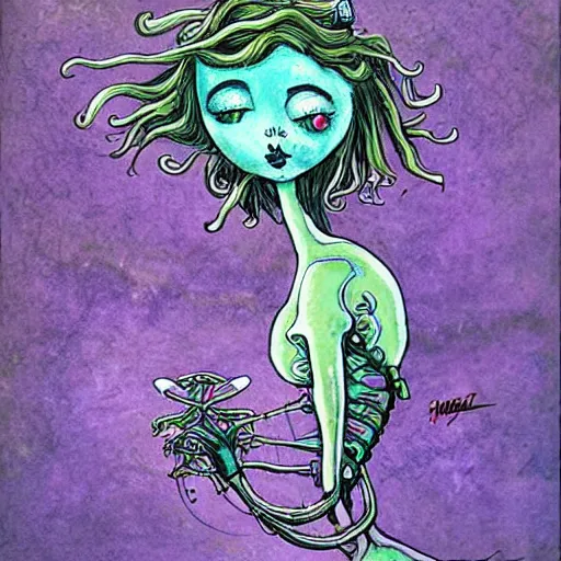 Prompt: a robotic mermaid, art by tim burton