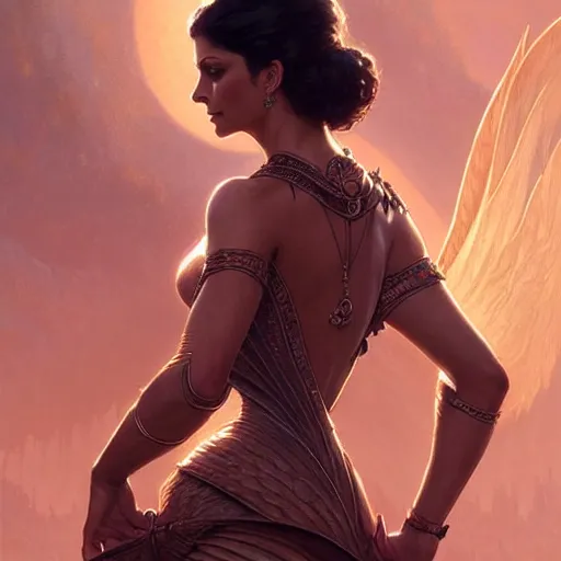 Image similar to Morena Baccarin, D&D, fantasy, intricate, elegant, highly detailed, digital painting, artstation, concept art, matte, sharp focus, illustration, art by Artgerm and Greg Rutkowski and Alphonse Mucha