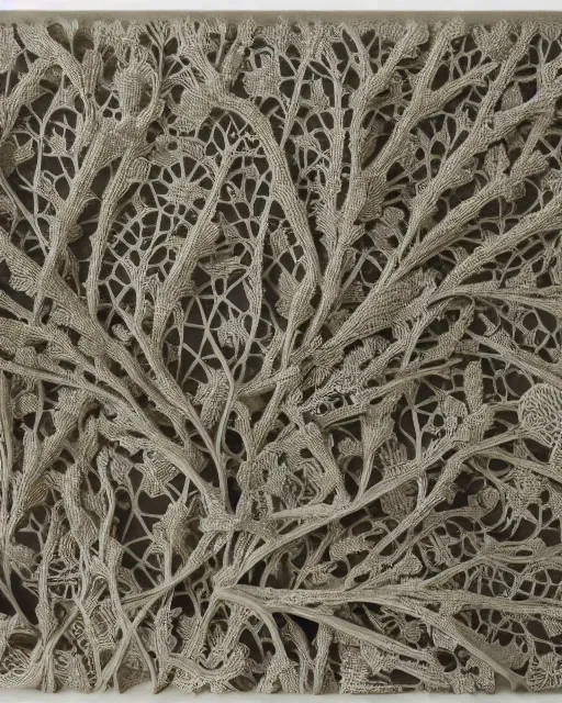 Image similar to a coral reef, made of intricate decorative lace leaf skeleton, in the style of the dutch masters and gregory crewdson, dark and moody