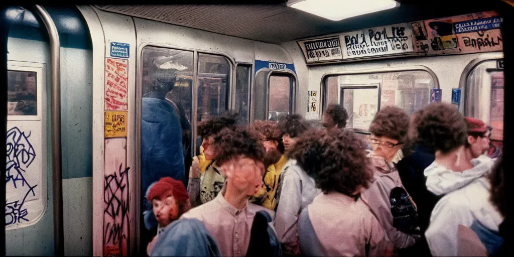 Image similar to new york subway cabin 1 9 8 0 s inside all in graffiti, policeman closeup, coloured film photography, christopher morris photography, bruce davidson photography