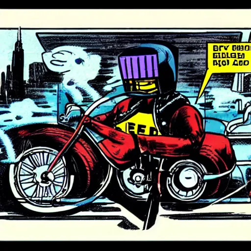 Prompt: judge dredd riding a bicycle in style of futurism