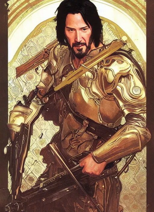 Prompt: keanu reeves in the slumps aiming crossbow brown skin golden hair brown leather armor high fantasy dnd smooth sharp focus illustration by rossdraws, alphonse mucha frank fanzzeta